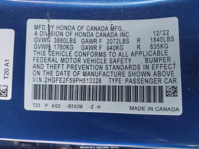 Honda Civic Sport 2023 2HGFE2F59PH513328 Image 9