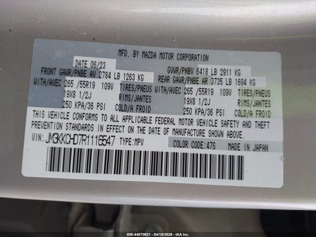 44870621 :رقم المزاد ، JM3KKCHD7R1116547 vin ، 2024 Mazda Cx-90 3.3 Turbo Preferred Plus مزاد بيع