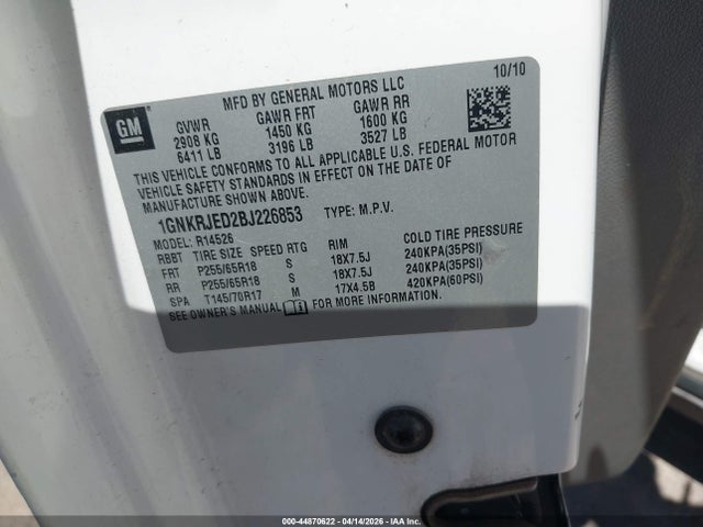 Продаж на аукціоні авто 2011 Chevrolet Traverse 2lt, vin: 1GNKRJED2BJ226853, номер лоту: 44870622