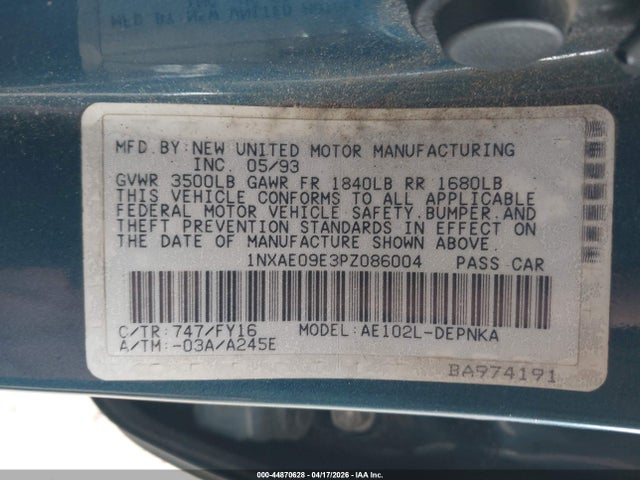 1993 TOYOTA COROLLA 1NXAE09E3PZ086004 Photo 8