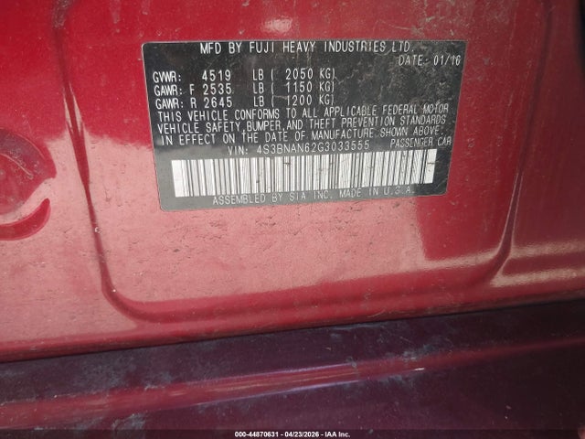 4S3BNAN62G3033555 Subaru Legacy 2.5i Limited