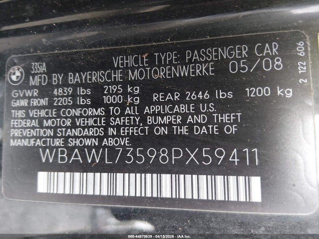 Aukcja sprzedaży 2008 Bmw 335i, vin: WBAWL73598PX59411, numer aukcji: 44870639
