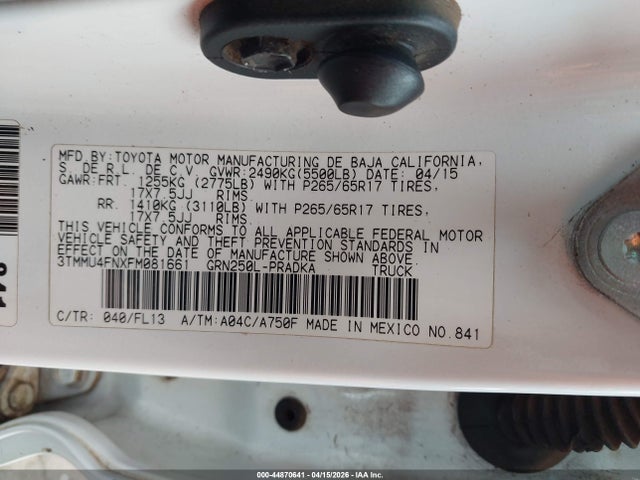 44870641 :رقم المزاد ، 3TMMU4FNXFM081661 vin ، 2015 Toyota Tacoma Base V6 مزاد بيع