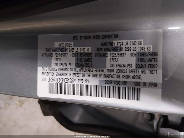 44870643 :رقم المزاد ، JM3KFBCM3N0612824 vin ، 2022 Mazda Cx-5 2.5 S Preferred مزاد بيع