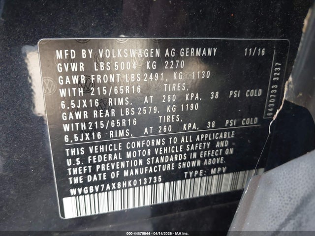 44870644 :رقم المزاد ، WVGBV7AX8HK013735 vin ، 2017 Volkswagen Tiguan 2.0t/2.0t S مزاد بيع