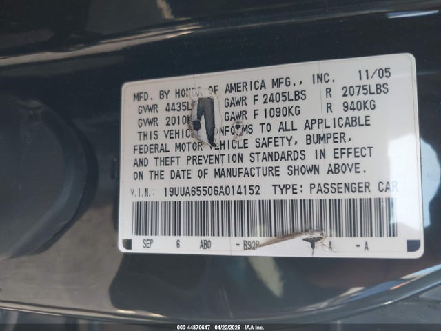 Aukcja sprzedaży 2006 Acura Tl, vin: 19UUA65506A014152, numer aukcji: 44870647
