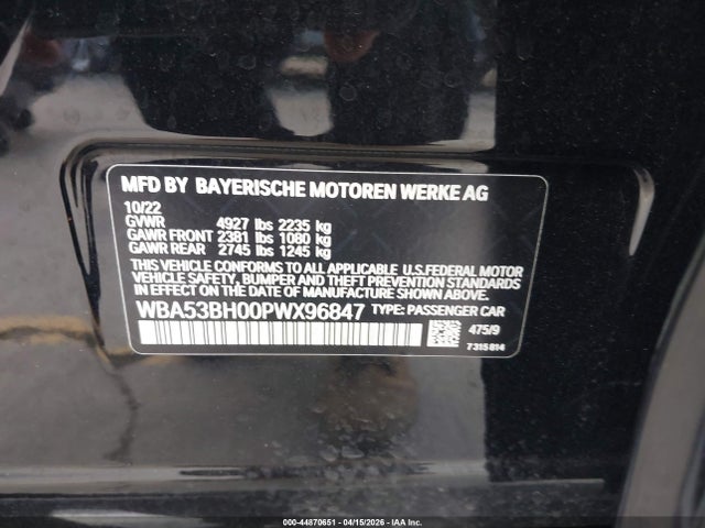 Aukcja sprzedaży 2023 Bmw 530 I, vin: WBA53BH00PWX96847, numer aukcji: 44870651