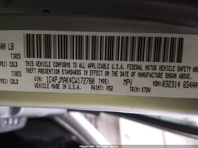 Продаж на аукціоні авто 2012 Jeep Liberty Sport, vin: 1C4PJMAK4CW172780, номер лоту: 44870660