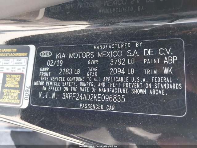 44870661 :رقم المزاد ، 3KPF24AD2KE096835 vin ، 2019 Kia Forte Fe مزاد بيع