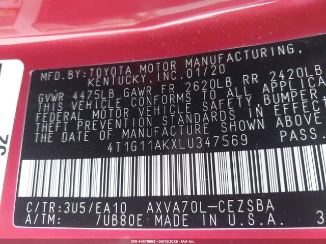 Toyota CAMRY SE 2020 4T1G11AKXLU347569 Image 9