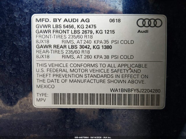 WA1BNBFY5J2204280 Audi Q5 2.0t Premium/2.0t Tech Premium