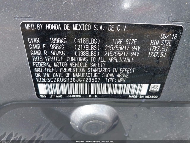 3CZRU6H36JG728507 Honda HR-V LX