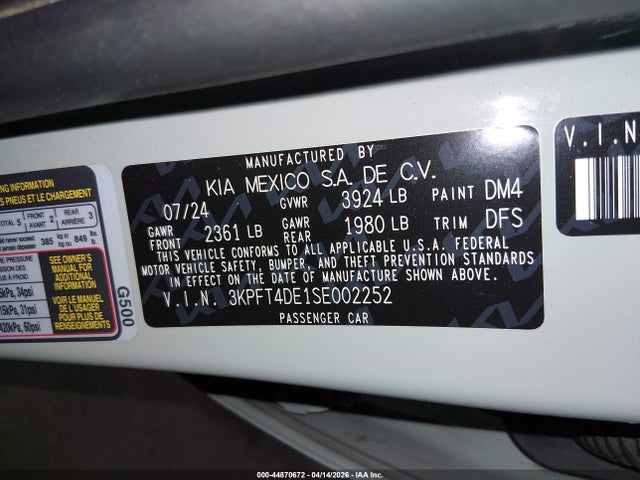 Aukcja sprzedaży 2025 Kia K4 Lxs, vin: 3KPFT4DE1SE002252, numer aukcji: 44870672