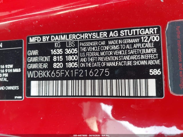 Aukcja sprzedaży 2001 Mercedes-benz Slk 320, vin: WDBKK65FX1F216275, numer aukcji: 44870690