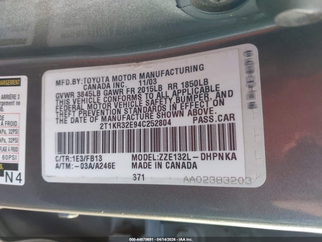 Aukcja sprzedaży 2004 Toyota Matrix Xr, vin: 2T1KR32E94C252804, numer aukcji: 44870691