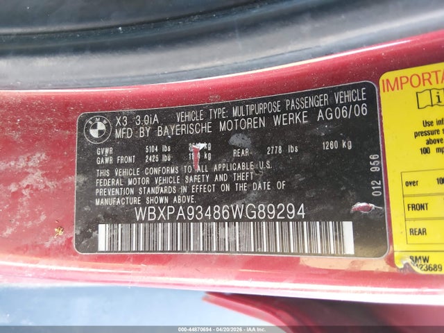 Продаж на аукціоні авто 2006 Bmw X3 3.0i, vin: WBXPA93486WG89294, номер лоту: 44870694