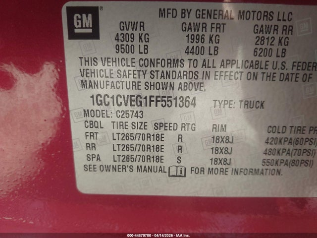 44870700 :رقم المزاد ، 1GC1CVEG1FF551364 vin ، 2015 Chevrolet Silverado 2500hd Lt مزاد بيع
