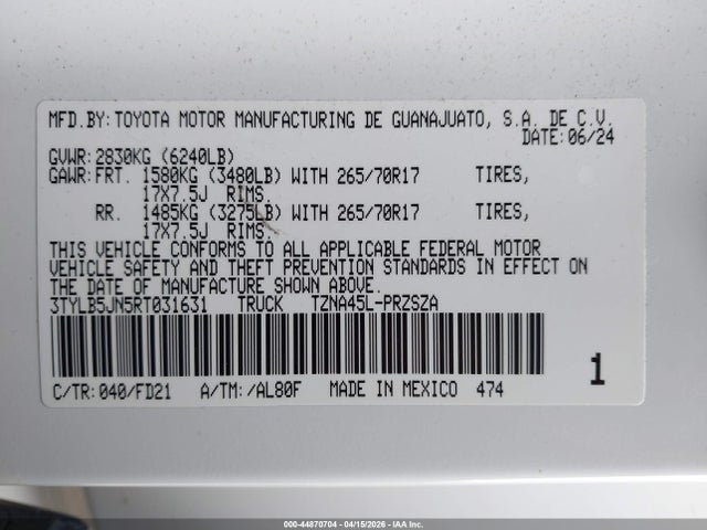 Aukcja sprzedaży 2024 Toyota Tacoma Sr5, vin: 3TYLB5JN5RT031631, numer aukcji: 44870704