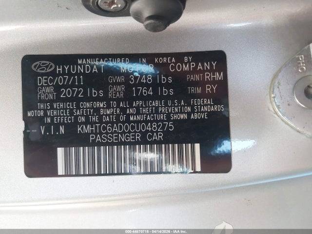 Aukcja sprzedaży 2012 Hyundai Veloster Base W/black, vin: KMHTC6AD0CU048275, numer aukcji: 44870718