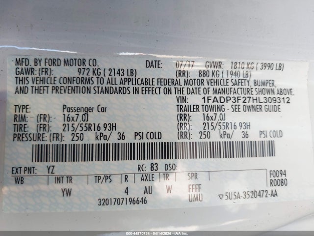 2017 FORD FOCUS 1FADP3F27HL309312 Photo 8