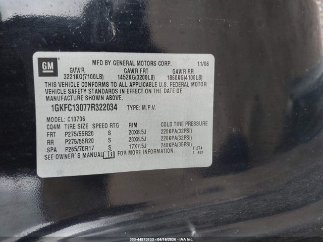 Aukcja sprzedaży 2007 Gmc Yukon Slt, vin: 1GKFC13077R322034, numer aukcji: 44870733