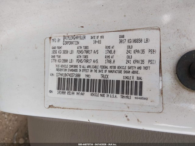 Продажа на аукционе авто 2004 Dodge Ram 1500 Slt/laramie, vin: 1D7HA18N74S571880, номер лота: 44870734