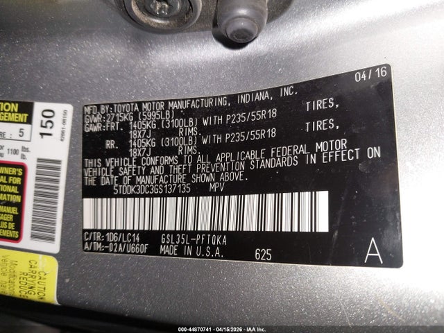 5TDDK3DC3GS137135 Toyota Sienna Xle 7 Passenger