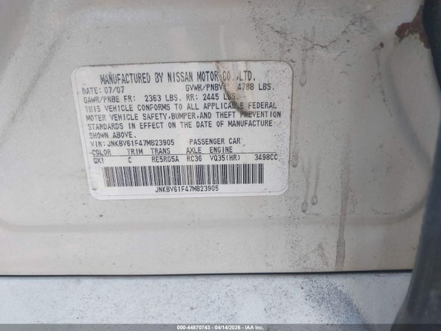Aukcja sprzedaży 2007 Infiniti G35x, vin: JNKBV61F47M823905, numer aukcji: 44870743