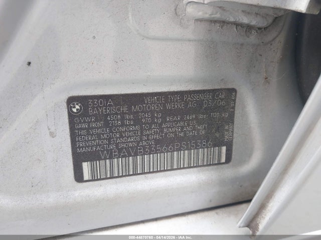2006 Bmw 330i მანქანა იყიდება აუქციონზე, vin: WBAVB33566PS15386, აუქციონის ნომერი: 44870760