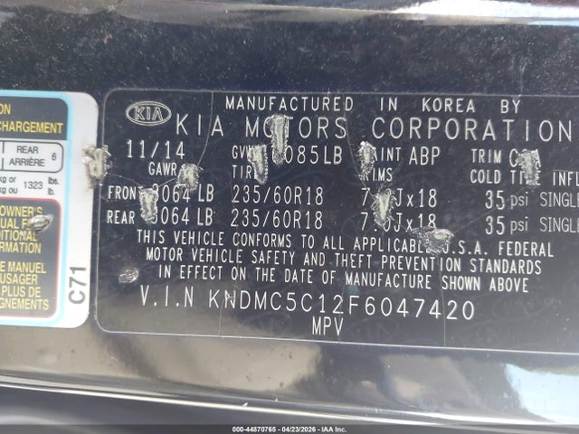 2015 Kia Sedona Ex მანქანა იყიდება აუქციონზე, vin: KNDMC5C12F6047420, აუქციონის ნომერი: 44870765