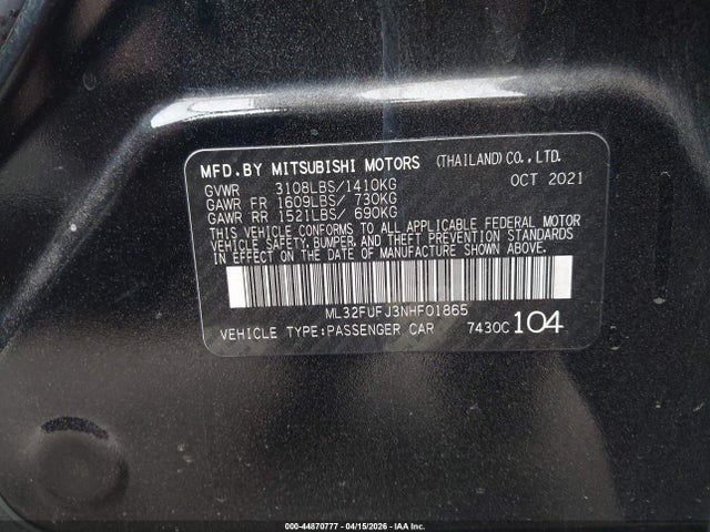 Aukcja sprzedaży 2022 Mitsubishi Mirage G4 Black Edition/es/le, vin: ML32FUFJ3NHF01865, numer aukcji: 44870777