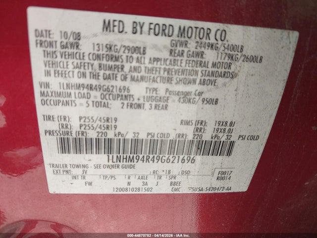 Aukcja sprzedaży 2009 Lincoln Mks, vin: 1LNHM94R49G621696, numer aukcji: 44870782