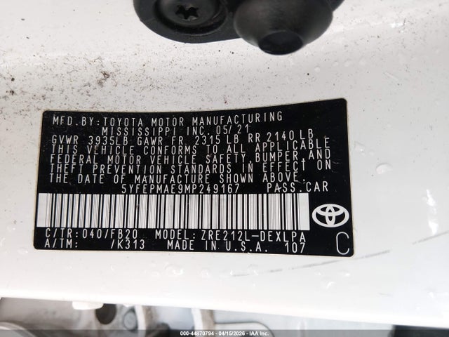 5YFEPMAE9MP249167 Toyota COROLLA LE