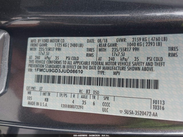1FMCU9GD3JUD08610 Ford ESCAPE SE