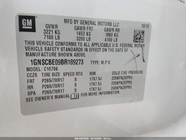Aukcja sprzedaży 2011 Chevrolet Tahoe Lt, vin: 1GNSCBE09BR189273, numer aukcji: 44870826