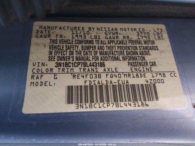 44870829 :رقم المزاد ، 3N1BC1CP7BL443186 vin ، 2011 Nissan Versa 1.8s مزاد بيع