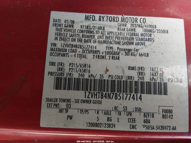 2008 FORD MUSTANG 1ZVHT84N785177414 Photo 8