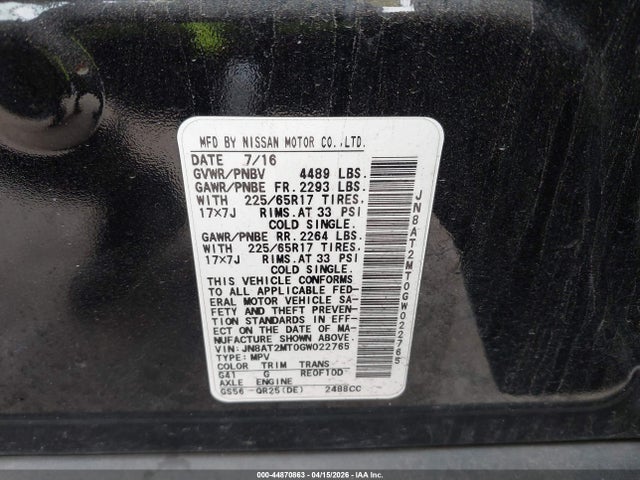 Aukcja sprzedaży 2016 Nissan Rogue S/sl/sv, vin: JN8AT2MT0GW022765, numer aukcji: 44870863