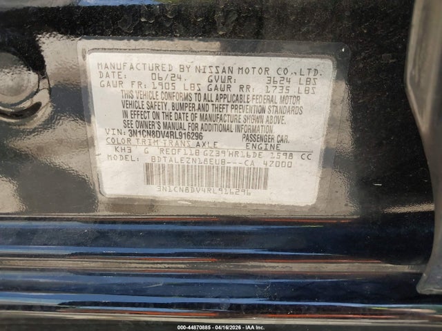 Aukcja sprzedaży 2024 Nissan Versa 1.6 S, vin: 3N1CN8DV4RL916296, numer aukcji: 44870885