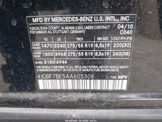 2010 Mercedes-benz Gl 450 4matic მანქანა იყიდება აუქციონზე, vin: 4JGBF7BE5AA605308, აუქციონის ნომერი: 44870889
