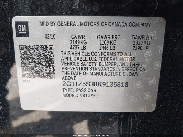 2019 Chevrolet Impala Lt მანქანა იყიდება აუქციონზე, vin: 2G11Z5S30K9135818, აუქციონის ნომერი: 44870896