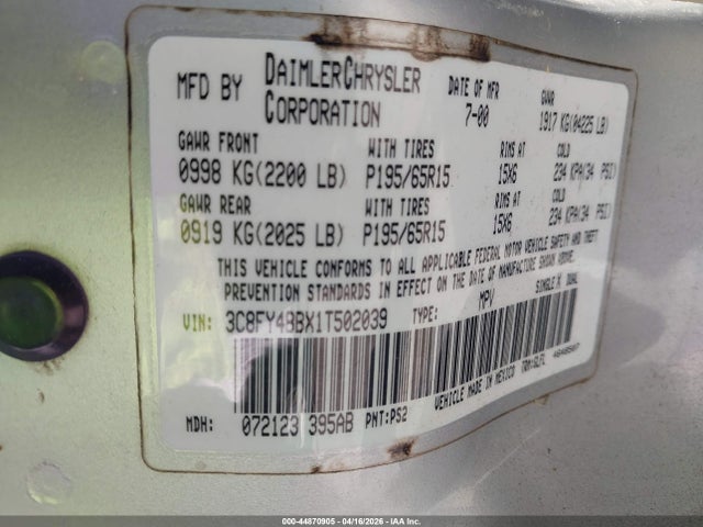 Aukcja sprzedaży 2001 Chrysler Pt Cruiser, vin: 3C8FY4BBX1T502039, numer aukcji: 44870905