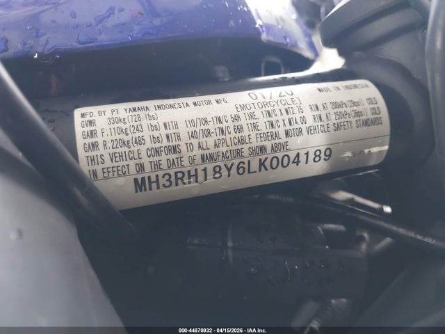 44870932 :رقم المزاد ، MH3RH18Y6LK004189 vin ، 2020 Yamaha Yzfr3 A مزاد بيع