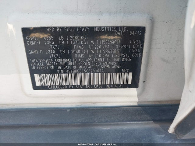 Auction sale of the 2012 Subaru Outback 2.5i Premium, vin: 4S4BRBCC5C3291612, lot number: 44870969