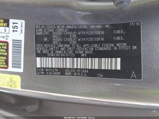 Aukcja sprzedaży 2017 Toyota Sienna Xle 7 Passenger, vin: 5TDDZ3DC3HS157320, numer aukcji: 44871011