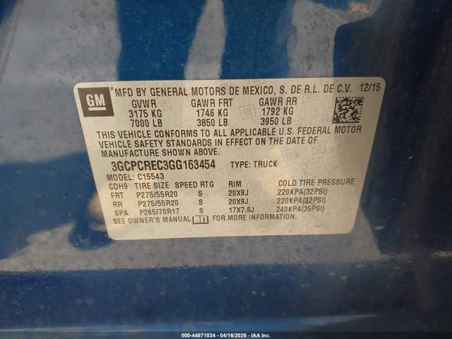 Продаж на аукціоні авто 2016 Chevrolet Silverado 1500 1lt, vin: 3GCPCREC3GG163454, номер лоту: 44871034