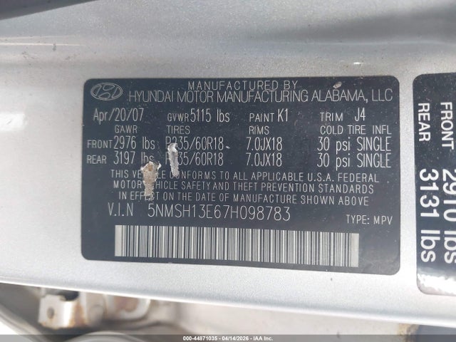 2007 Hyundai Santa Fe Limited/se მანქანა იყიდება აუქციონზე, vin: 5NMSH13E67H098783, აუქციონის ნომერი: 44871035