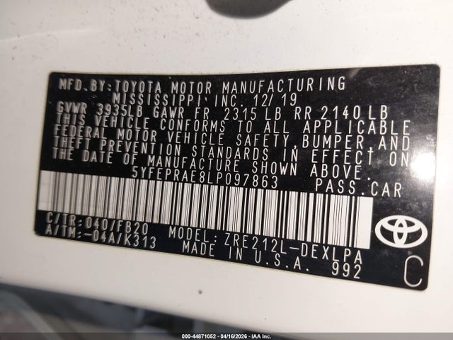Toyota COROLLA LE 2020 5YFEPRAE8LP097863 Image 9