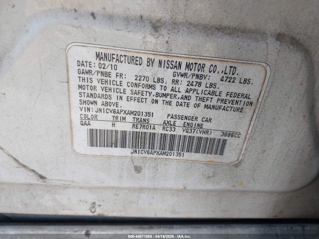 44871065 :رقم المزاد ، JN1CV6APXAM201351 vin ، 2010 Infiniti G37 Journey مزاد بيع