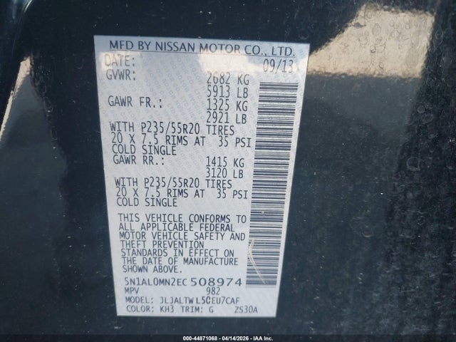 Продаж на аукціоні авто 2014 Infiniti Qx60, vin: 5N1AL0MN2EC508974, номер лоту: 44871068